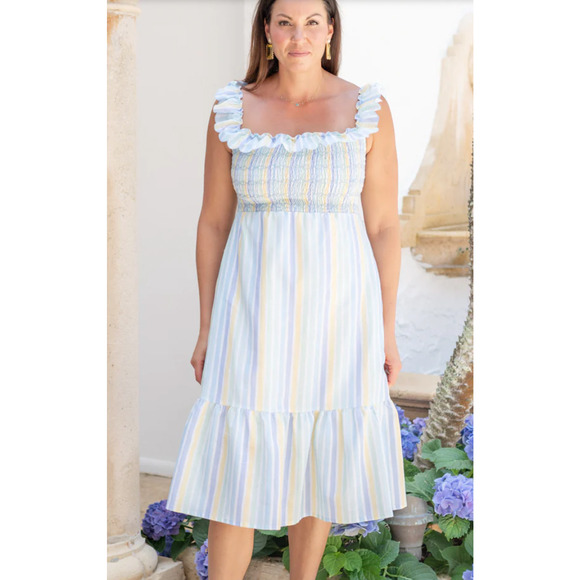 Dondolo Sam Linen Blend Dress Womens XXL Striped Smocked Ruffle Boho Peasant NEW - Picture 2 of 15